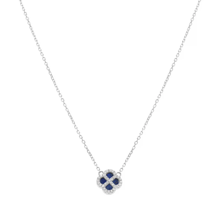Collier trèfle à verre bleu foncé et oxydes blancs – Argent 925 rhodié | Azuline