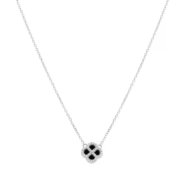Collier trèfle à agate noire véritable, oxydes blancs – Argent 925 rhodié | Azuline
