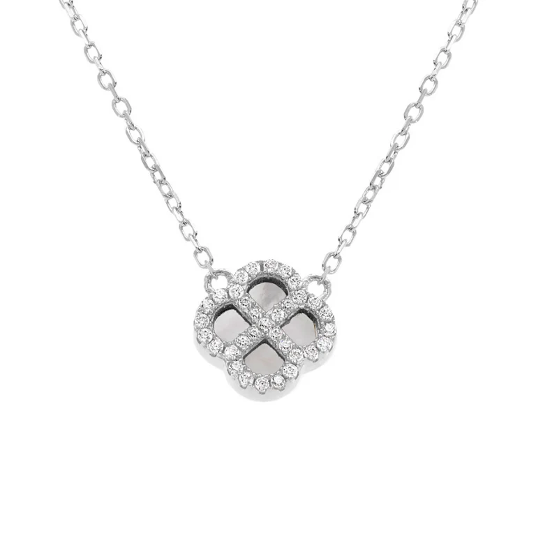 Collier trèfle serti d’oxydes blancs nacré – Argent 925 rhodié | Azuline