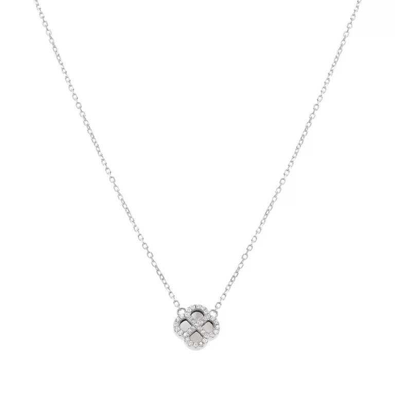 Collier trèfle serti d’oxydes blancs nacré – Argent 925 rhodié | Azuline