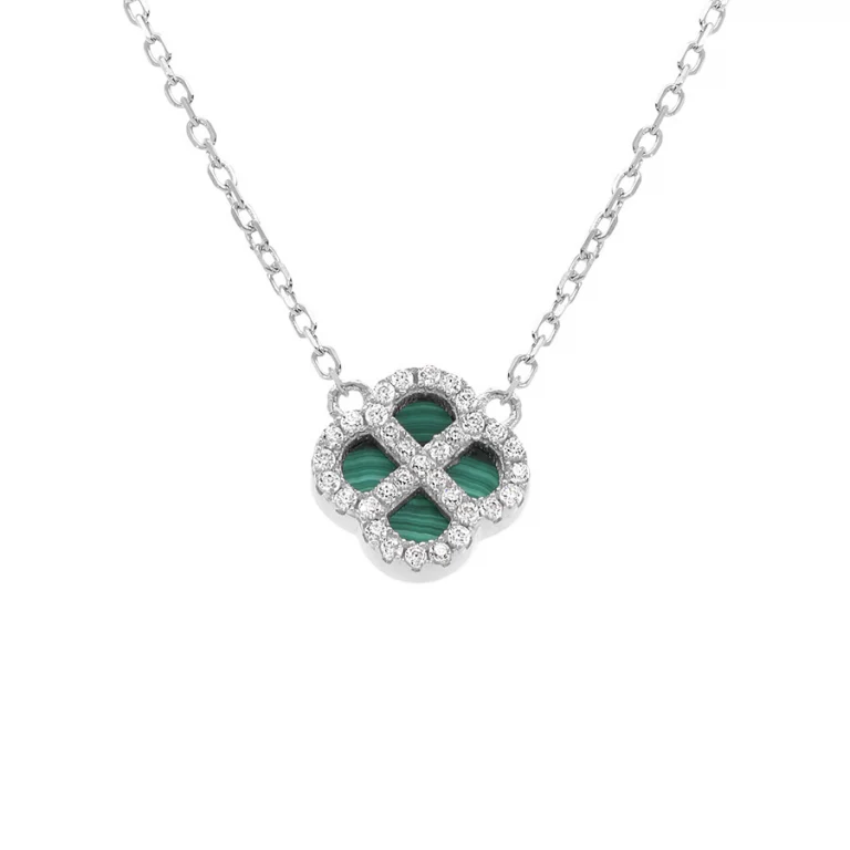 Collier trèfle à malachite véritable et oxydes blancs – Argent 925 rhodié | Azuline