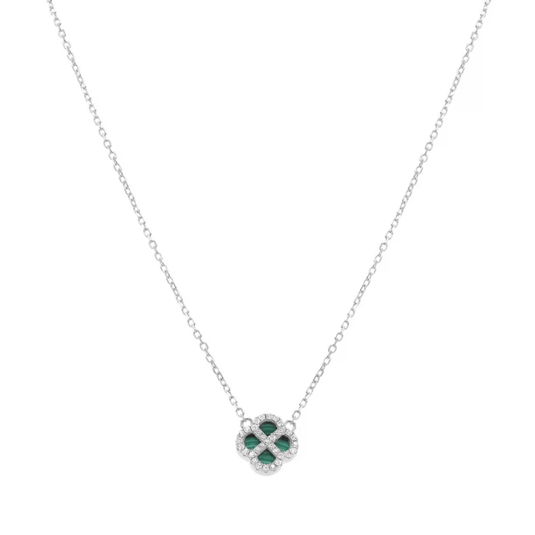 Collier trèfle à malachite véritable et oxydes blancs – Argent 925 rhodié | Azuline