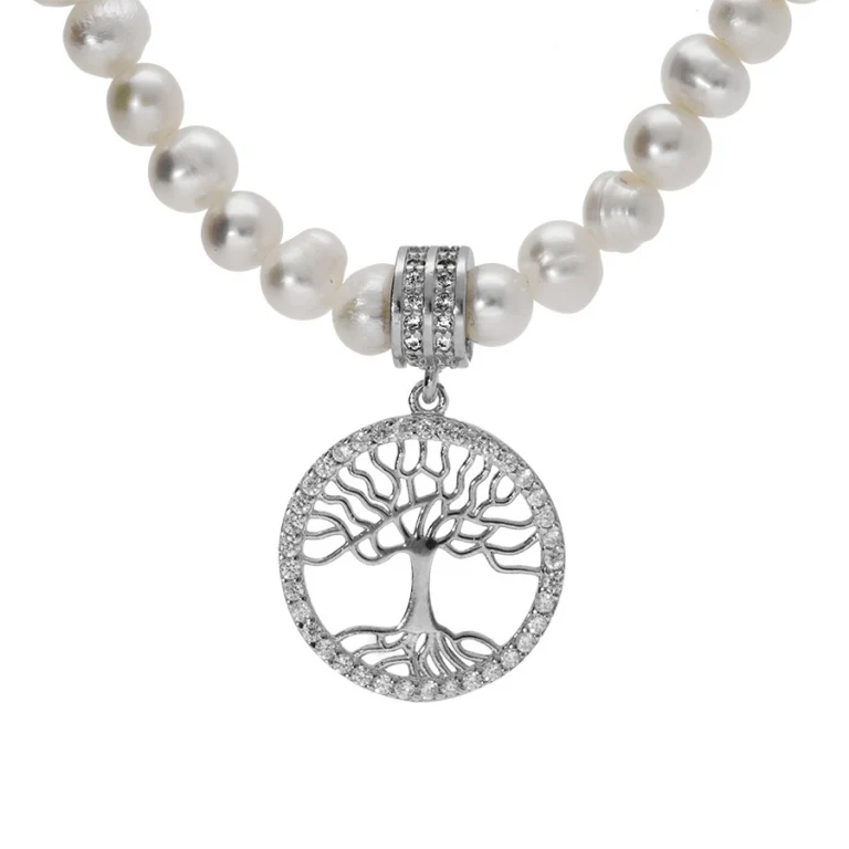 Collier perles de culture et cercle arbre de vie serti – Argent 925 rhodié | Azuline