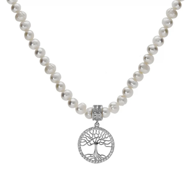 Collier perles de culture et cercle arbre de vie serti – Argent 925 rhodié | Azuline