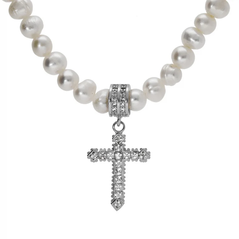 Collier perles de culture et croix sertie d’oxydes blancs – Argent 925 rhodié | Azuline