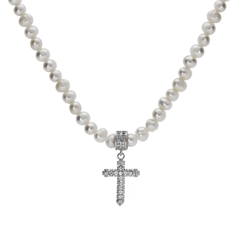 Collier perles de culture et croix sertie d’oxydes blancs – Argent 925 rhodié | Azuline