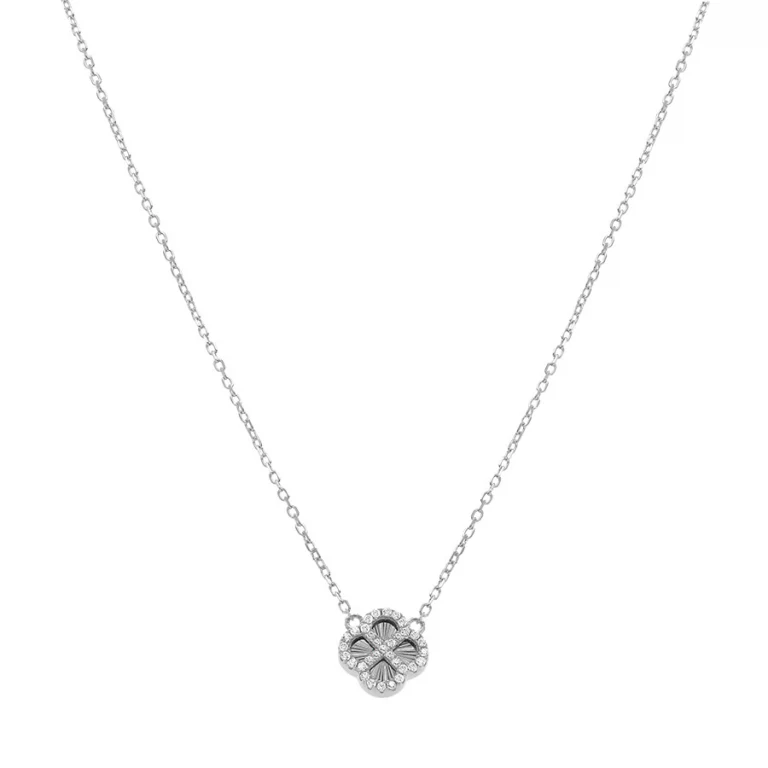 Collier trèfle serti d’oxydes blancs diamanté – Argent 925 rhodié | Azuline