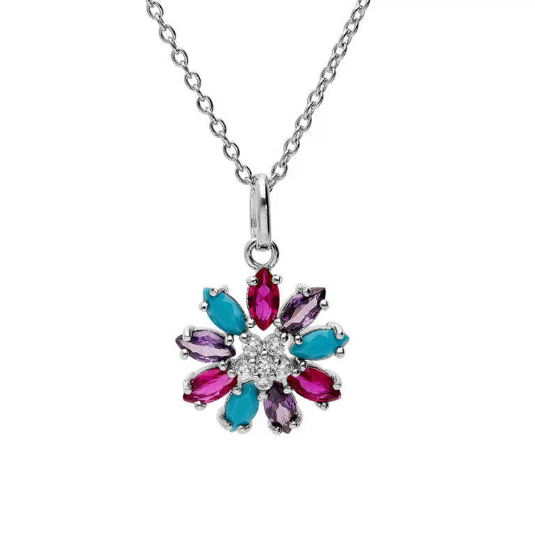 Collier fleur serti d’oxydes multicolores grand modèle – Argent 925 rhodié | Azuline