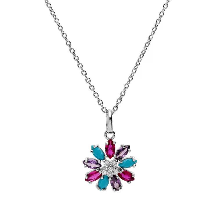 Collier fleur serti d’oxydes multicolores grand modèle – Argent 925 rhodié | Azuline