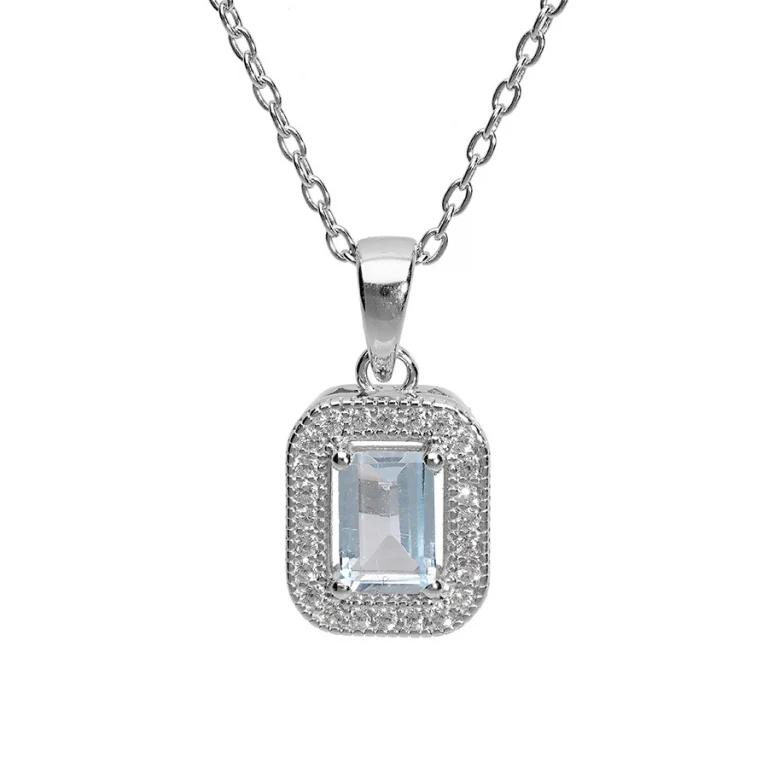 Collier carré à topaze bleue véritable, oxydes blancs – Argent 925 rhodié | Azuline