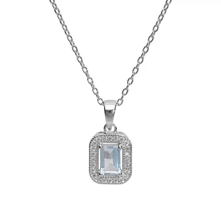 Collier carré à topaze bleue véritable, oxydes blancs – Argent 925 rhodié | Azuline