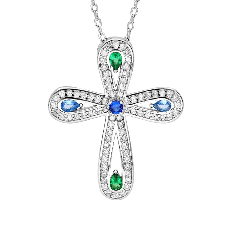 Collier croix serti d’oxydes blancs, pierres synthétiques bleues et vertes – Argent 925 rhodié | Azuline