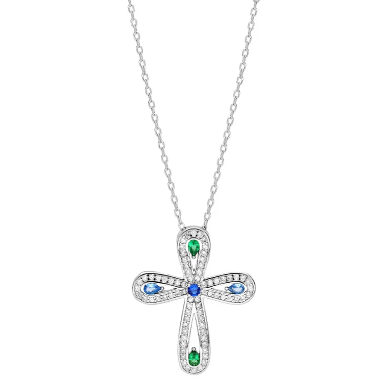 Collier croix serti d’oxydes blancs, pierres synthétiques bleues et vertes – Argent 925 rhodié | Azuline