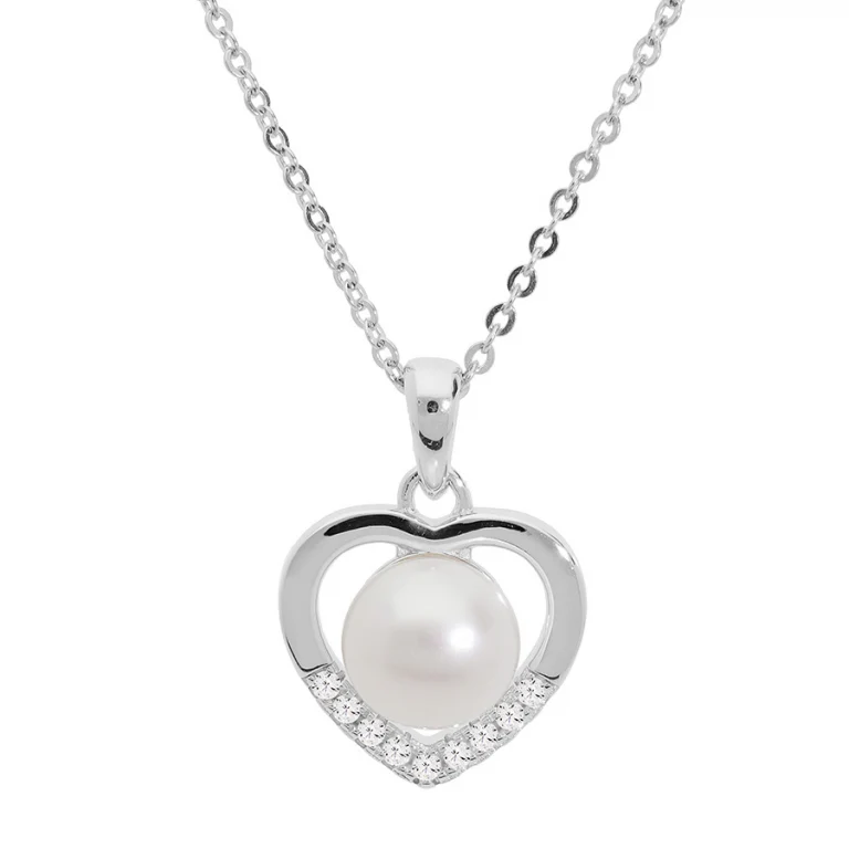 Collier cœur à perle de culture d’eau douce blanche et oxydes blancs – Argent 925 rhodié | Azuline