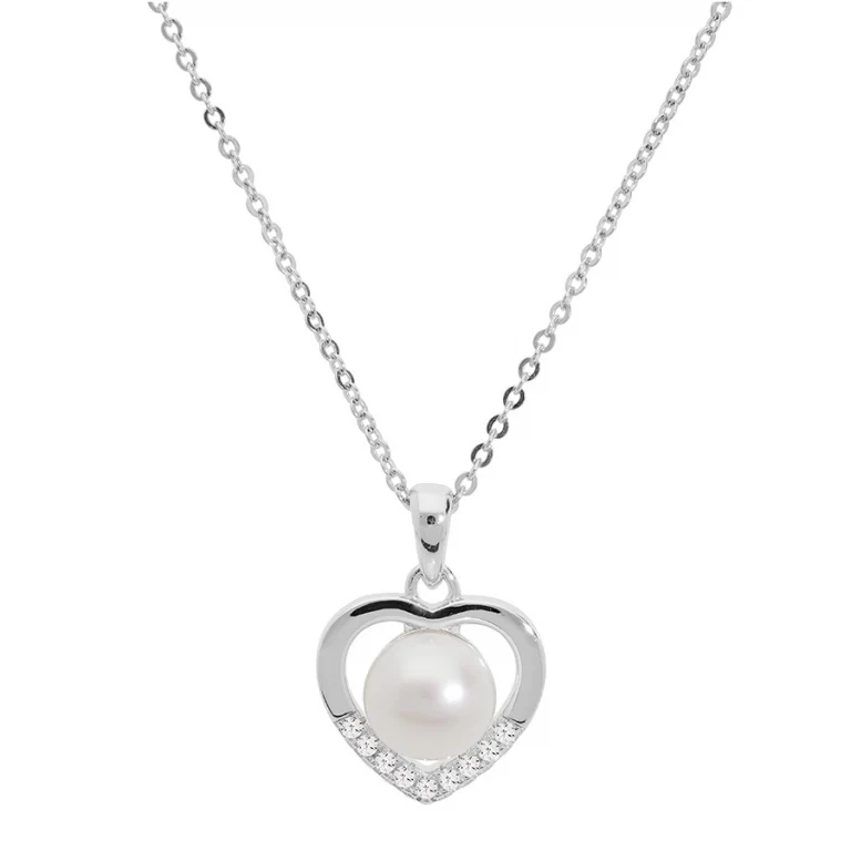 Collier cœur à perle de culture d’eau douce blanche et oxydes blancs – Argent 925 rhodié | Azuline