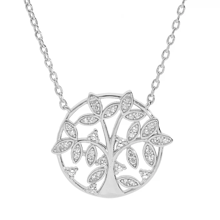 Collier rond arbre de vie serti d’oxydes blancs – Argent 925 rhodié | Azuline