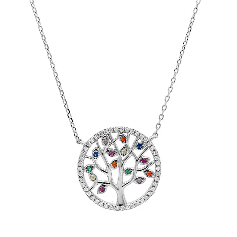 Collier arbre de vie à multicolores et oxydes blancs – Argent 925 rhodié | Azuline