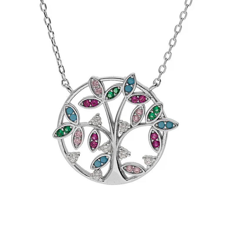 Collier arbre de vie serti d’oxydes multi couleurs texturé – Argent 925 rhodié | Azuline