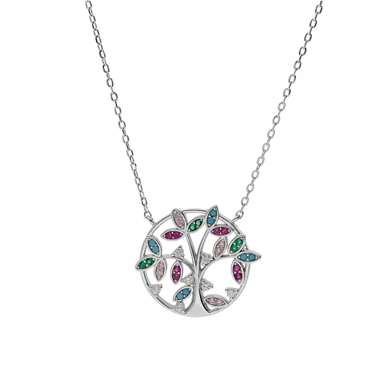 Collier arbre de vie serti d’oxydes multi couleurs texturé – Argent 925 rhodié | Azuline