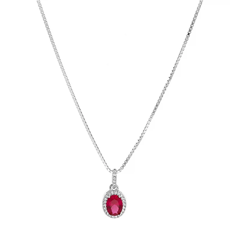 Collier ovale à pierre synthétique rouge centrale et oxydes blancs contour – Argent 925 rhodié | Azuline
