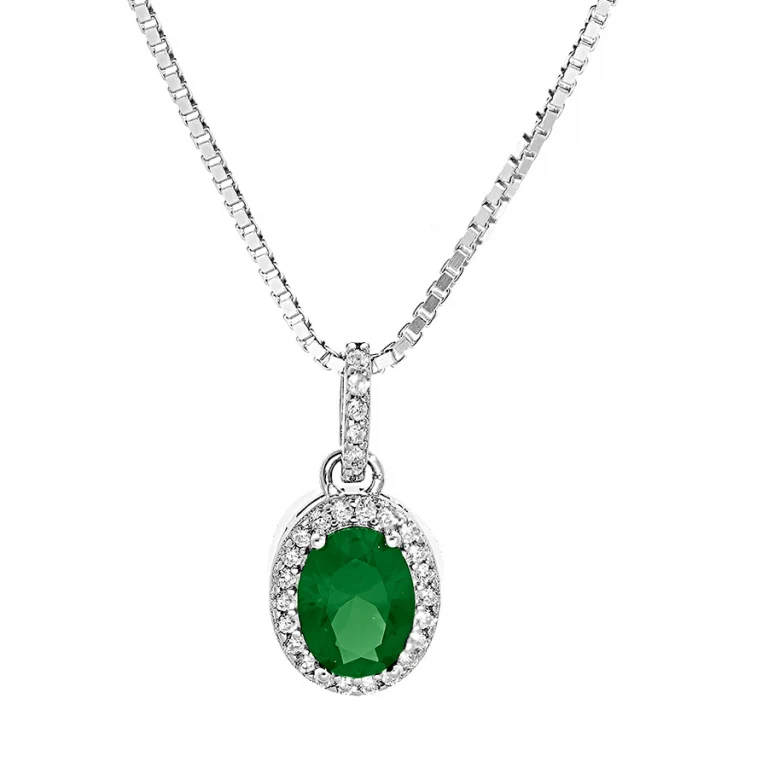 Collier ovale à pierre synthétique verte et oxyde blanc – Argent 925 rhodié | Azuline
