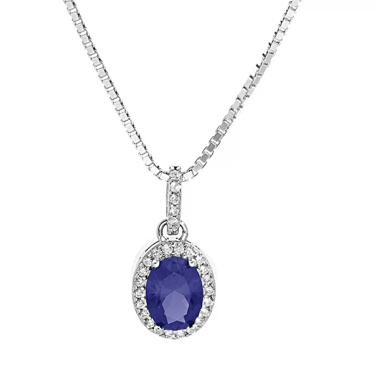 Collier pendentif à pierre synthétique bleue centrale et oxydes blancs – Argent 925 rhodié | Azuline