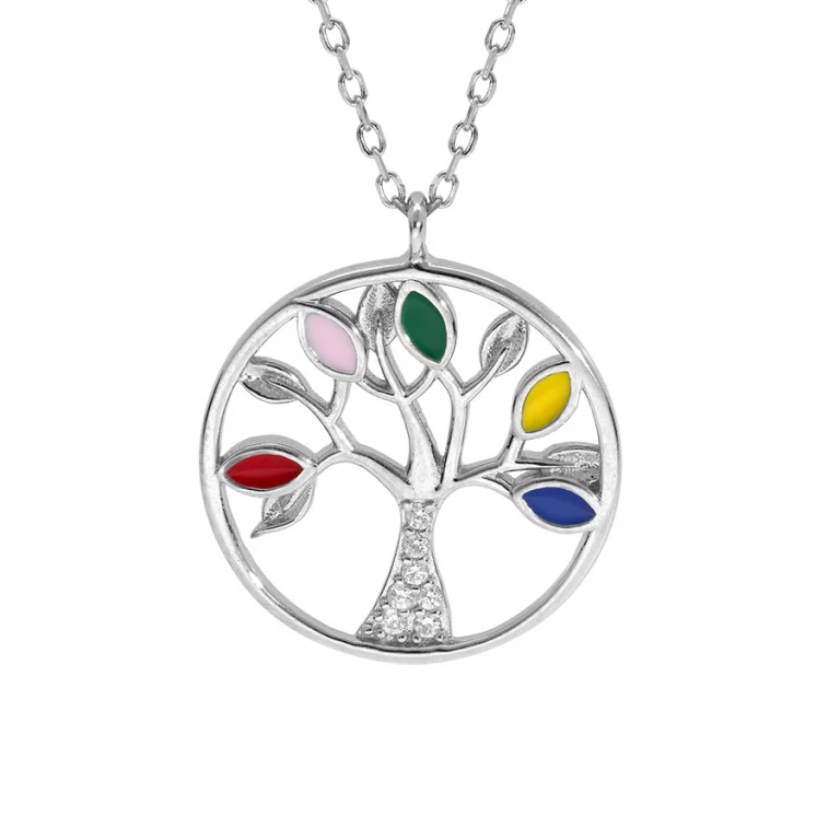 Collier arbre de vie résine multicolore et oxydes blancs – Argent 925 rhodié | Azuline