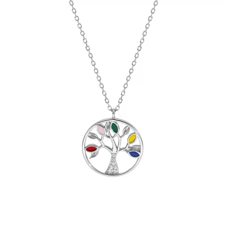 Collier arbre de vie résine multicolore et oxydes blancs – Argent 925 rhodié | Azuline