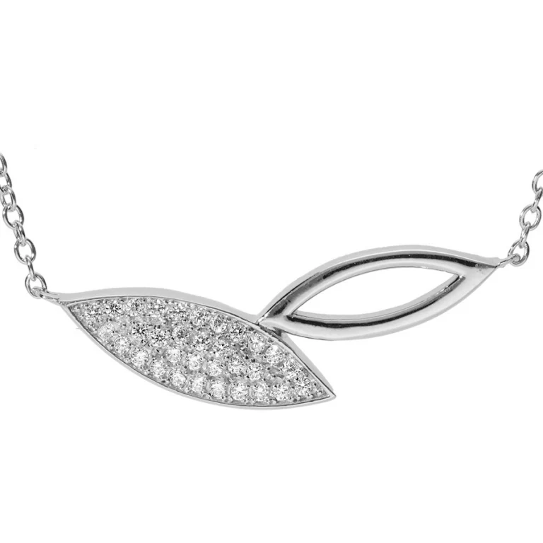 Collier feuille serti d’oxydes blancs – Argent 925 rhodié | Azuline