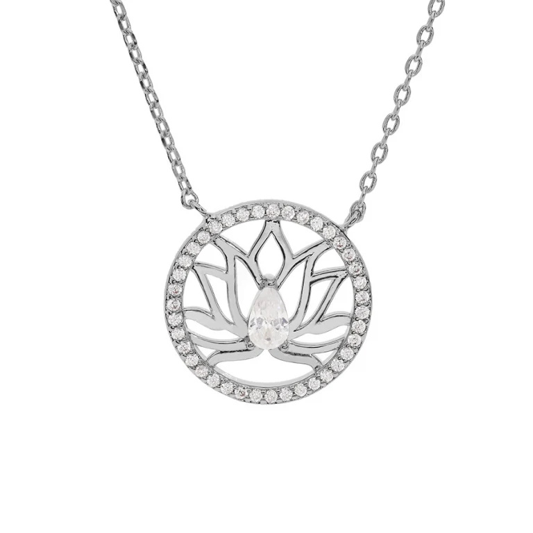 Collier fleur de lotus dans un cercle serti d’oxydes blancs – Argent 925 rhodié | Azuline