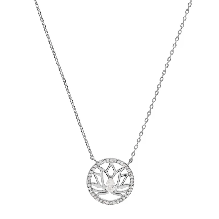 Collier fleur de lotus dans un cercle serti d’oxydes blancs – Argent 925 rhodié | Azuline