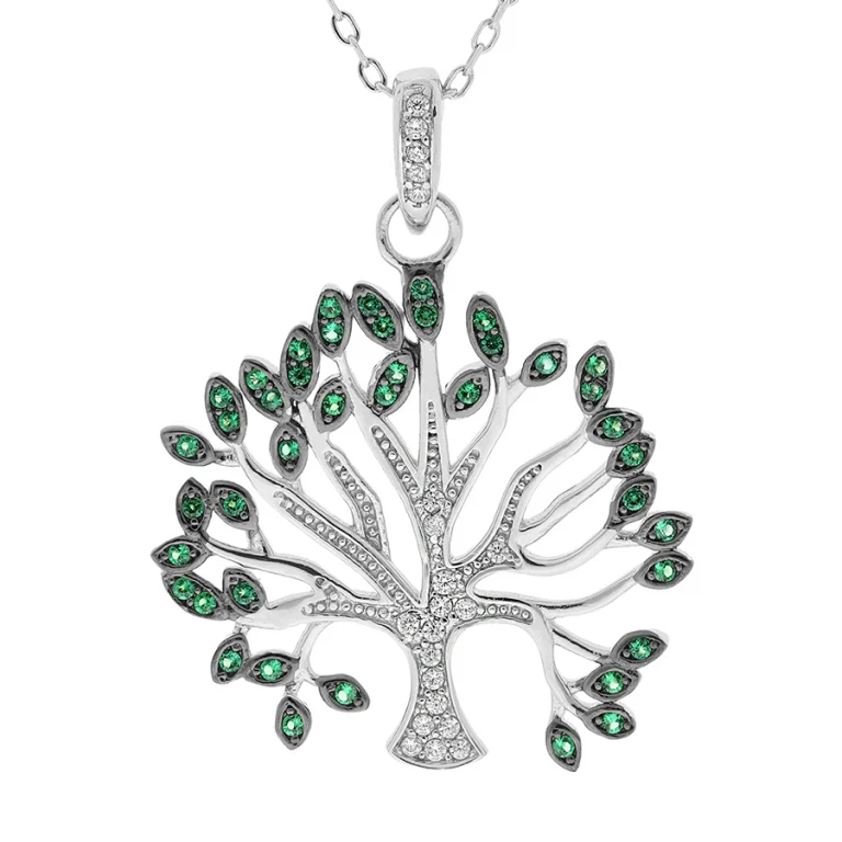 Collier arbre de vie serti d’oxydes blancs et verts – Argent 925 rhodié | Azuline
