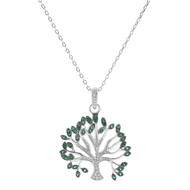Collier arbre de vie serti d’oxydes blancs et verts – Argent 925 rhodié | Azuline