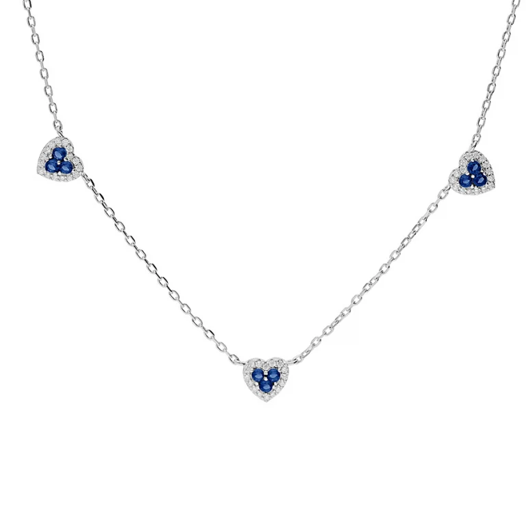 Collier trois petits cœurs sertis d’oxydes bleus et blancs – Argent 925 rhodié | Azuline