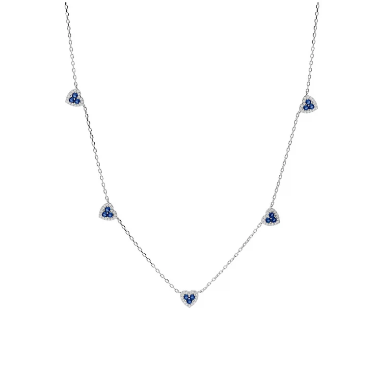 Collier trois petits cœurs sertis d’oxydes bleus et blancs – Argent 925 rhodié | Azuline