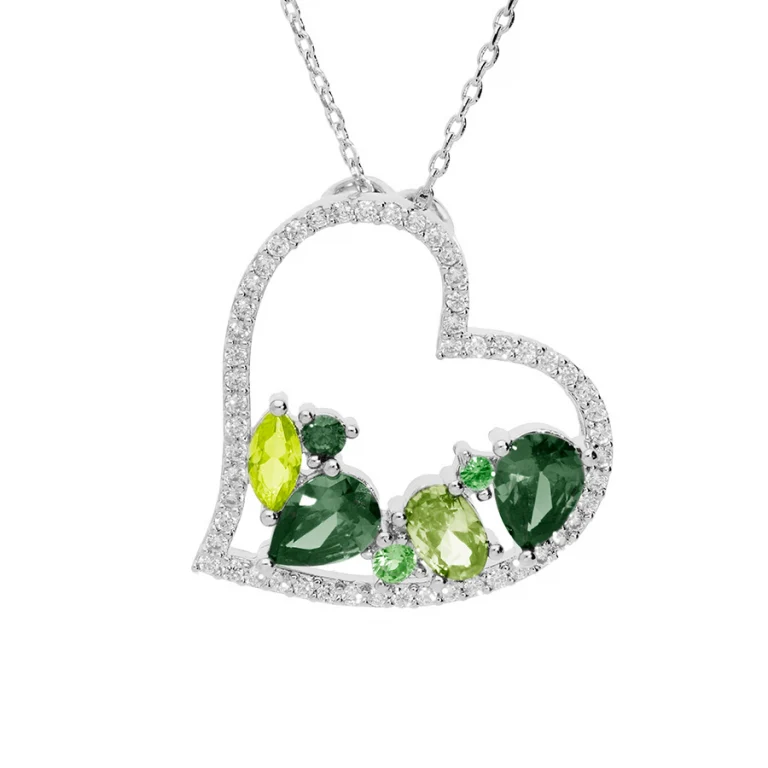 Collier cœur serti d’oxydes verts et blancs grand modèle – Argent 925 rhodié | Azuline