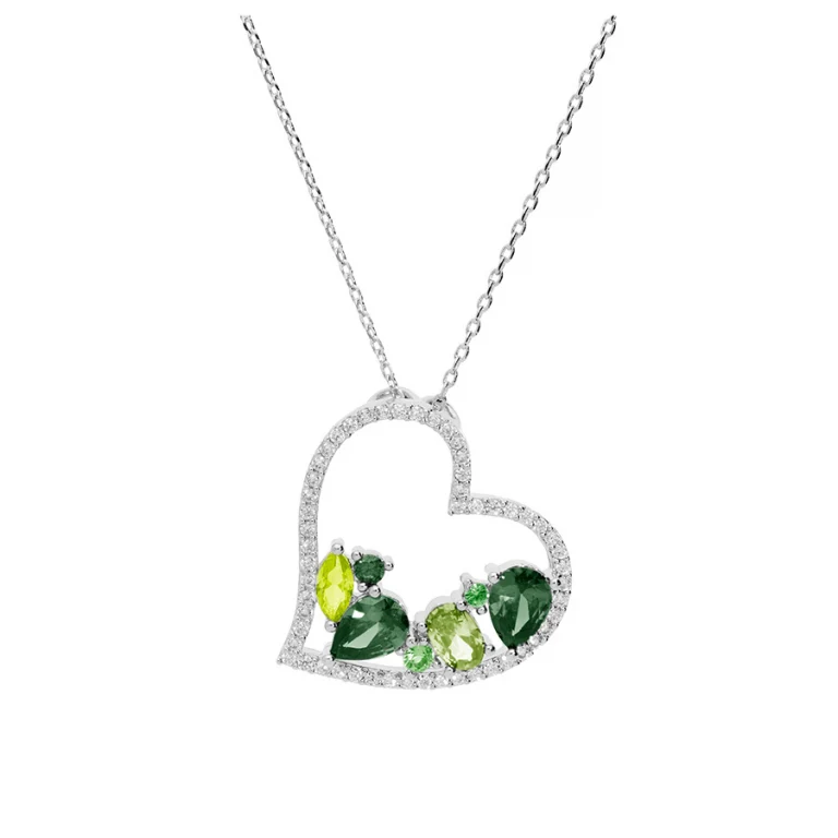 Collier cœur serti d’oxydes verts et blancs grand modèle – Argent 925 rhodié | Azuline