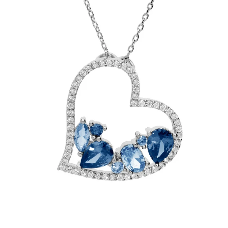 Collier cœur serti d’oxydes bleus et blancs – Argent 925 rhodié | Azuline