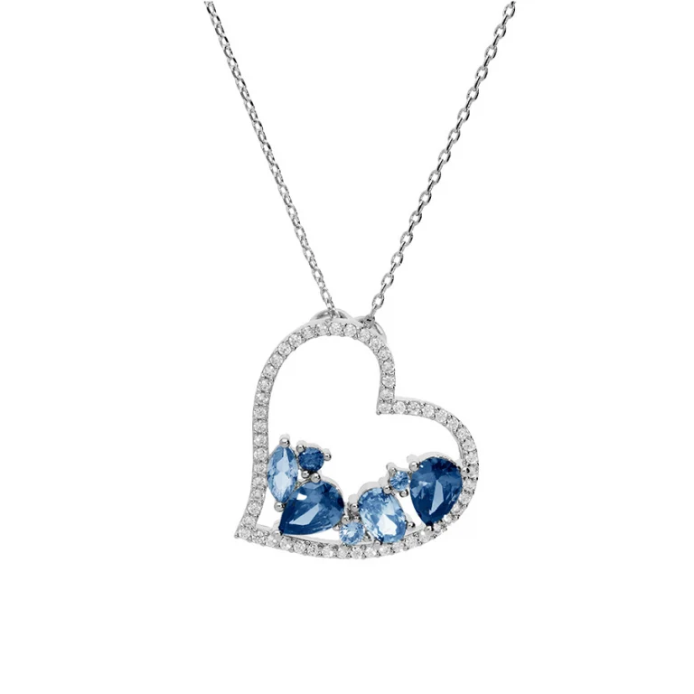 Collier cœur serti d’oxydes bleus et blancs – Argent 925 rhodié | Azuline