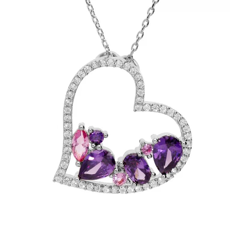 Collier cœur serti d’oxydes blancs, violets et roses – Argent 925 rhodié | Azuline