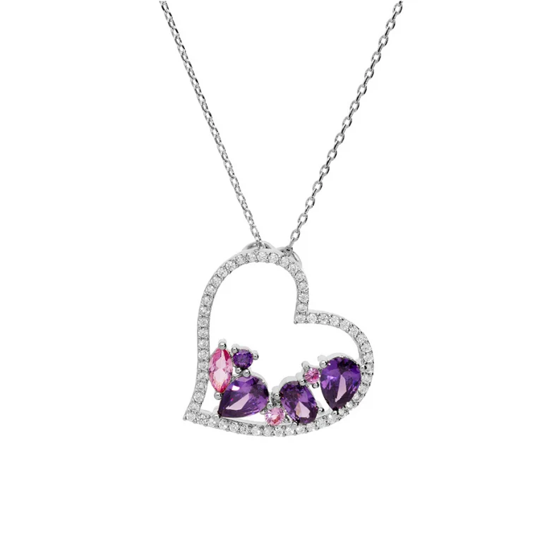 Collier cœur serti d’oxydes blancs, violets et roses – Argent 925 rhodié | Azuline