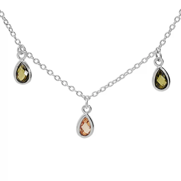 Collier pampille goutte serti d’oxydes verts et orangés – Argent 925 rhodié | Azuline