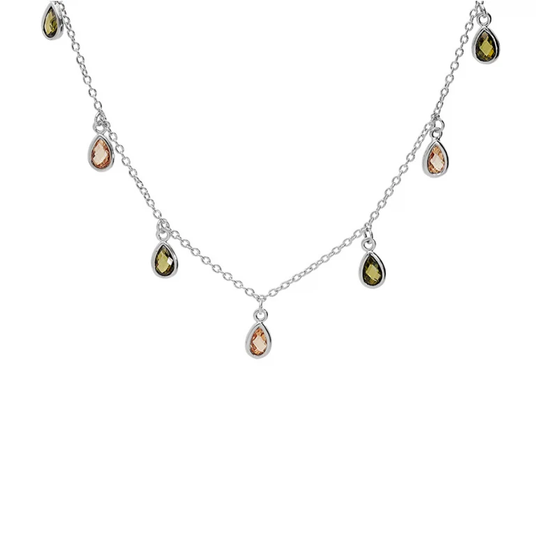 Collier pampille goutte serti d’oxydes verts et orangés – Argent 925 rhodié | Azuline