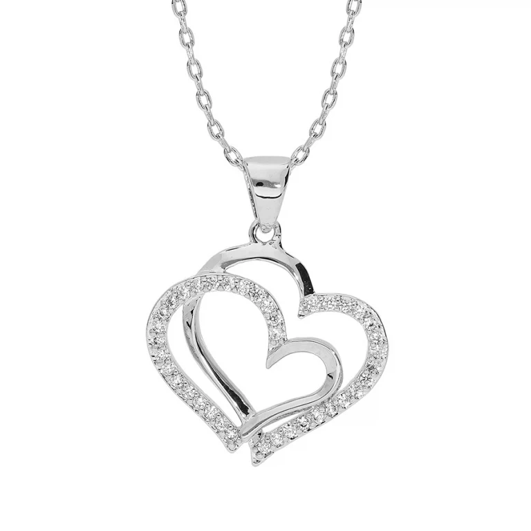 Collier double cœur superposé lisse et serti – Argent 925 rhodié | Azuline