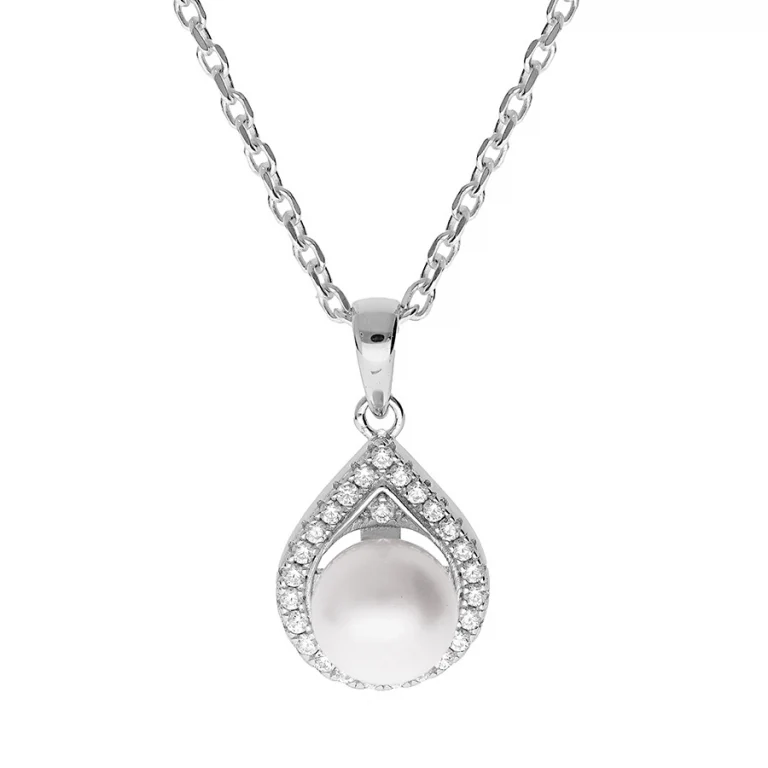 Collier goutte à perle de culture d’eau douce blanche 8mm, oxydes blancs – Argent 925 rhodié | Azuline