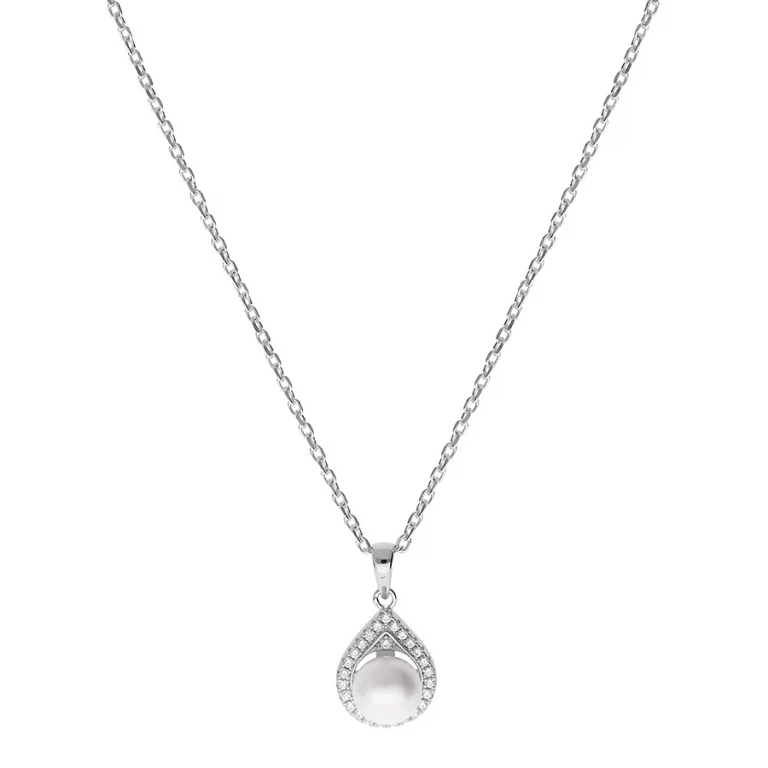 Collier goutte à perle de culture d’eau douce blanche 8mm, oxydes blancs – Argent 925 rhodié | Azuline