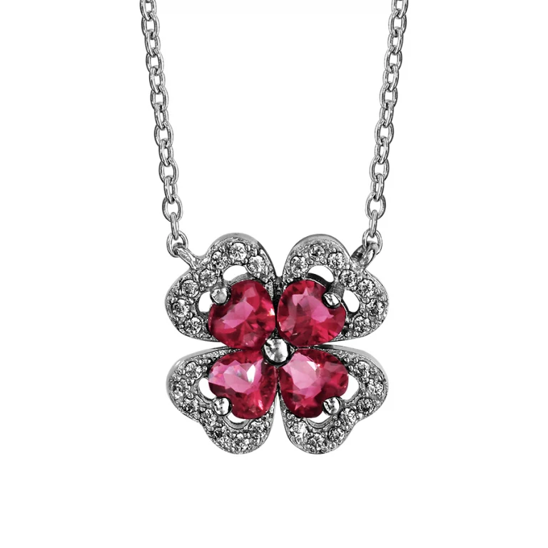 Collier trèfle à pierre synthétique rouge et oxydes blancs – Argent 925 rhodié | Azuline
