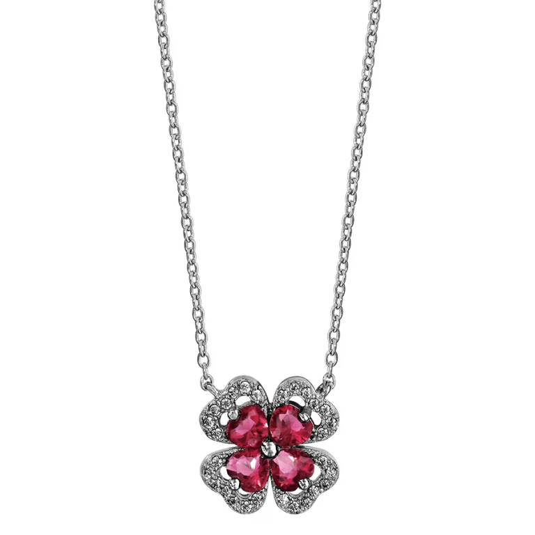 Collier trèfle à pierre synthétique rouge et oxydes blancs – Argent 925 rhodié | Azuline