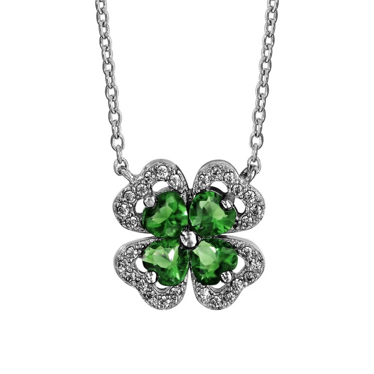 Collier trèfle à pierre synthétique verte, oxydes blancs – Argent 925 rhodié | Azuline