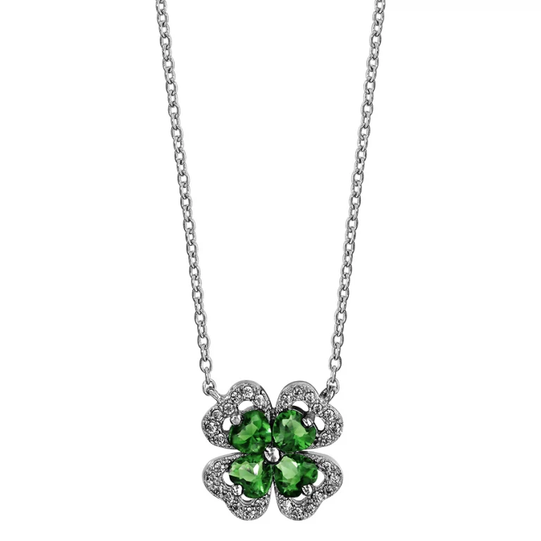 Collier trèfle à pierre synthétique verte, oxydes blancs – Argent 925 rhodié | Azuline